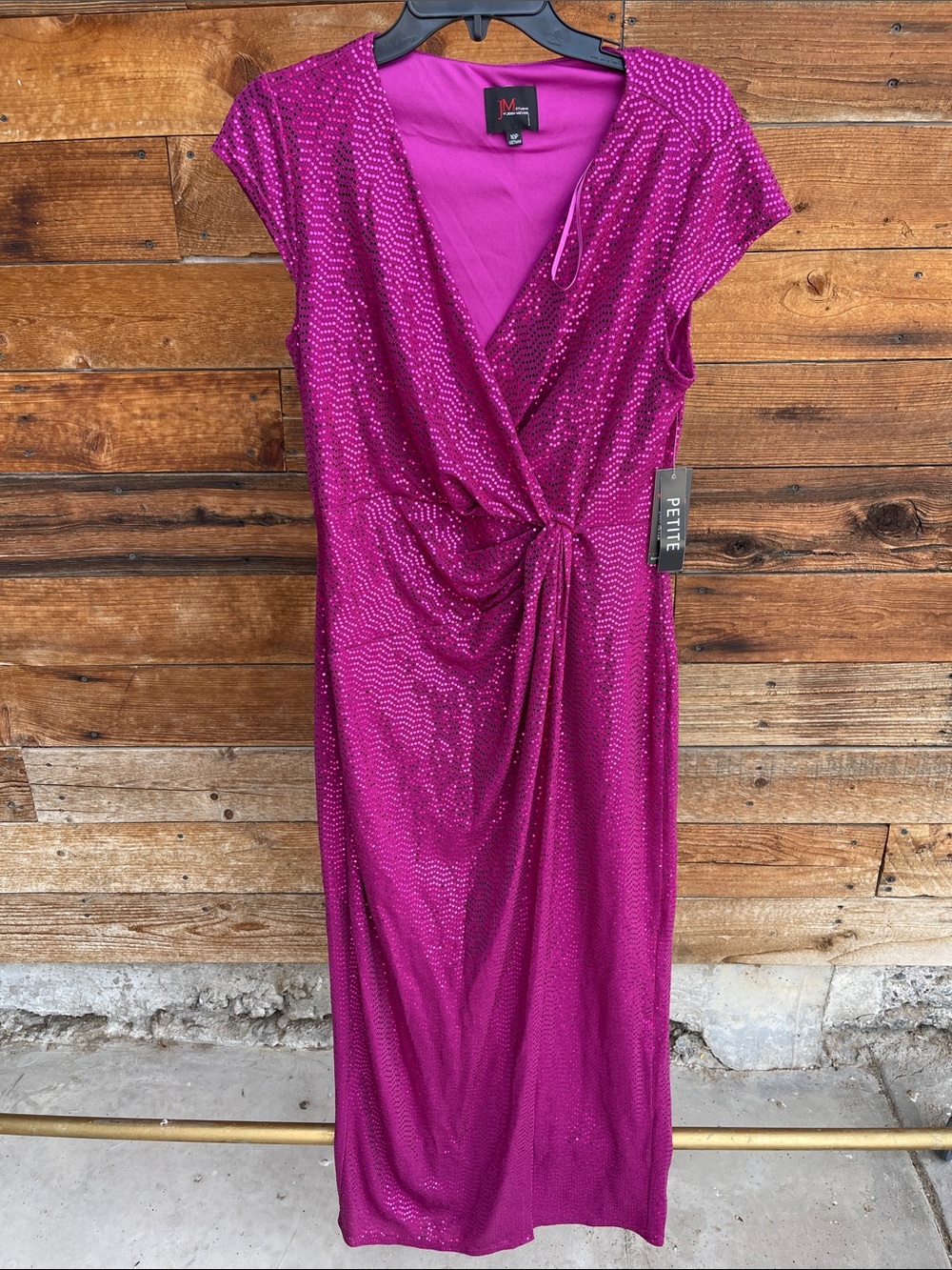 JM Studio Petite Sequin Wrap Dress in Fuchsia